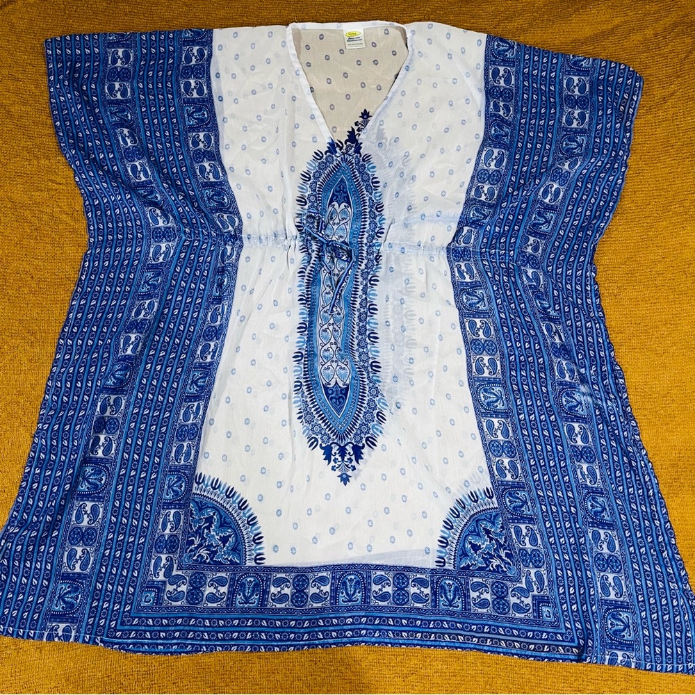 Rima Beachworld Short Chiffon Kaftan Beach Cover Up Beach Dress One Size Blue Wh